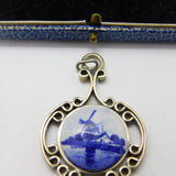 Delft Dutch Windmill Scene & White Metal Drop Pendant Antique c1920 Deco