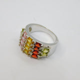 Sterling Silver Multi-Colour Gemstone White Band Dress Ring Vintage c1970 Size O