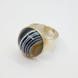Sterling Silver Cabochon Banded Agate Chunky Studio Ring Vintage c1980 Size M