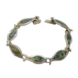 Mexican Taxco Sterling Silver Abalone Set Fish Panel Bracelet Vintage