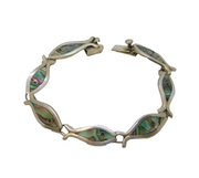 Mexican Taxco Sterling Silver Abalone Set Fish Panel Bracelet Vintage