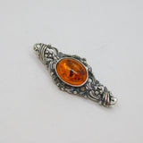 Sterling Silver Oval Baltic Amber Ornate Bar Brooch Pin Vintage c1970