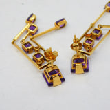 Pair of 18ct Yellow Gold, Amethyst & Diamond Geometric Drop Earrings Vintage