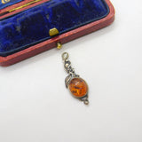 Sterling Silver and Baltic Amber Drop Charm Pendant Vintage c1970