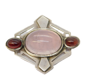 Sterling Silver, Rose Quartz & Garnet Modernist Brooch Studio Jewellery Vintage