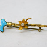 Victorian Gold Plated, Blue Enamel & Pearl Hunting Crop Brooch Antique c1890