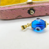 14ct Yellow Gold & Glass Blue All Seeing Eye Drop Pendant Vintage c1980