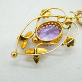 Edwardian 9ct Yellow Gold, Amethyst & Seed Pearl Lavalier Pendant Antique c1910s