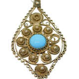 Sterling Silver Blue Glass Cabochon Set Filigree Charm Pendant Vintage c1970
