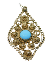 Sterling Silver Blue Glass Cabochon Set Filigree Charm Pendant Vintage c1970