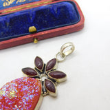 Large Sterling Silver, Garnet & Geode Set Drop Pendant Vintage c1980