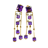 Pair of 18ct Yellow Gold, Amethyst & Diamond Geometric Drop Earrings Vintage