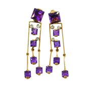 Pair of 18ct Yellow Gold, Amethyst & Diamond Geometric Drop Earrings Vintage