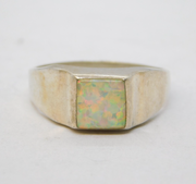 Sterling Silver & White Opal Set Signet Ring Vintage c1990s