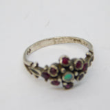 Sterling Silver, Ruby & Opal Floral Cluster Ring Vintage 1977 London