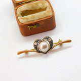 Sterling Silver Gilt, Pearl & Spinel Heart Shaped Brooch Antique c1930 Art Deco