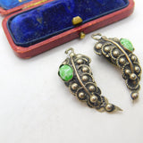 Sterling Silver Leaf Drop Cabochon Turquoise Set Clip-On Earrings Antique c1930