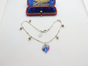 Sterling Silver Charm Bracelet with Colourful Glass Beads & Leaf c1980 Vintage