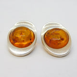 Pair of Sterling Silver & Baltic Amber Modernist Clip-On Earrings Vintage c1970s