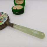 Chinese Jadeite & Painted Porcelain Backed Hand Mirror Antique c1920 Art Deco
