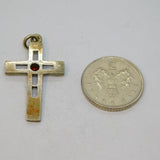 Sterling Silver Garnet Set Textured Cross Charm Pendant Vintage c1970