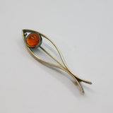 Continental .835 Silver Baltic Amber Christian Fish Symbol Brooch Vintage c1970