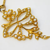 Edwardian 15ct Yellow Gold Seed Pearl Set Floral Pendant Necklace Antique c1910