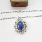 Sterling Silver Floral Drop Pendant with Cabochon Lapis Stone Vintage c1990