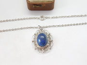 Sterling Silver Floral Drop Pendant with Cabochon Lapis Stone Vintage c1990