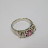 Sterling Silver 3 Stone Pink & Clear CZ Dress Ring Vintage c1970 Size P
