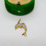 9ct Yellow Gold & Spinel Set Leaping Dolphin Charm Pendant Vintage c1970