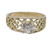 Sterling Silver Filigree Pattern CZ Solitaire Band Ring Vintage c1970 Size P 1/2