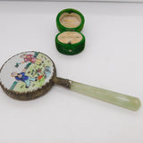 Chinese Jadeite & Painted Porcelain Backed Hand Mirror Antique c1920 Art Deco