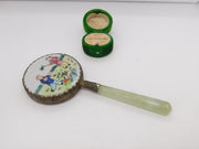 Chinese Jadeite & Painted Porcelain Backed Hand Mirror Antique c1920 Art Deco