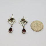 Pair of Sterling Silver Garnet Drop Celtic Pattern Stud Earrings Vintage c1970