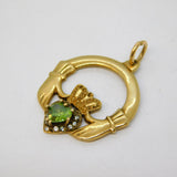 9ct Yellow Gold, Peridot & Spinel Claddagh Irish Heart Drop Pendant Vintage