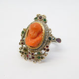 Austro-Hungarian Silver & Gold, Coral Cherub, Emerald & Ruby Ring Antique