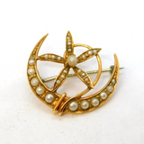 Victorian 9ct Gold & Seed Pearl Crescent Moon & Flower Brooch Antique c1890