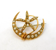 Victorian 9ct Gold & Seed Pearl Crescent Moon & Flower Brooch Antique c1890