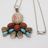 Sterling Silver Large Coloured Hardstone Set Floral Pendant Necklace Vintage