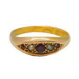 Edwardian 15ct Yellow Gold, Natural Ruby & Seed Pearl Boat Ring Antique 1902
