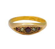 Edwardian 15ct Yellow Gold, Natural Ruby & Seed Pearl Boat Ring Antique 1902