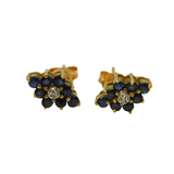 9ct Yellow Gold, Sapphire & Diamond Floral Cluster Stud Earrings Vintage