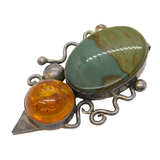 Studio Large Sterling Silver, Amber & Jasper Pendant Vintage c1970s