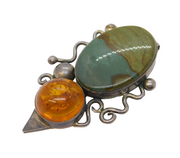 Studio Large Sterling Silver, Amber & Jasper Pendant Vintage c1970s