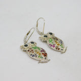 Pair of Sterling Silver Multi-Colour Gemstone Owl Drop Earrings Vintage c1990