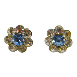 Pair of Sterling Silver Clear & Blue Crystal Flower Stud Earrings Modern c2000