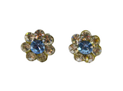 Pair of Sterling Silver Clear & Blue Crystal Flower Stud Earrings Modern c2000