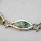 Mexican Taxco Sterling Silver Abalone Set Fish Panel Bracelet Vintage
