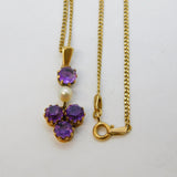 9ct Yellow Gold, Amethyst & Pearl Set Floral Drop Pendant Necklace Vintage